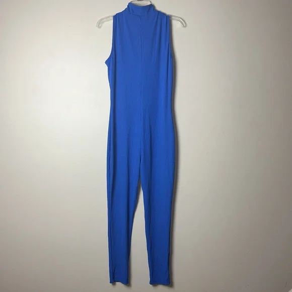 Pretty Garden Blue Ribbed Sleeveless Mock Neck Jumpsuit Women's Large - Picture 2 of 7